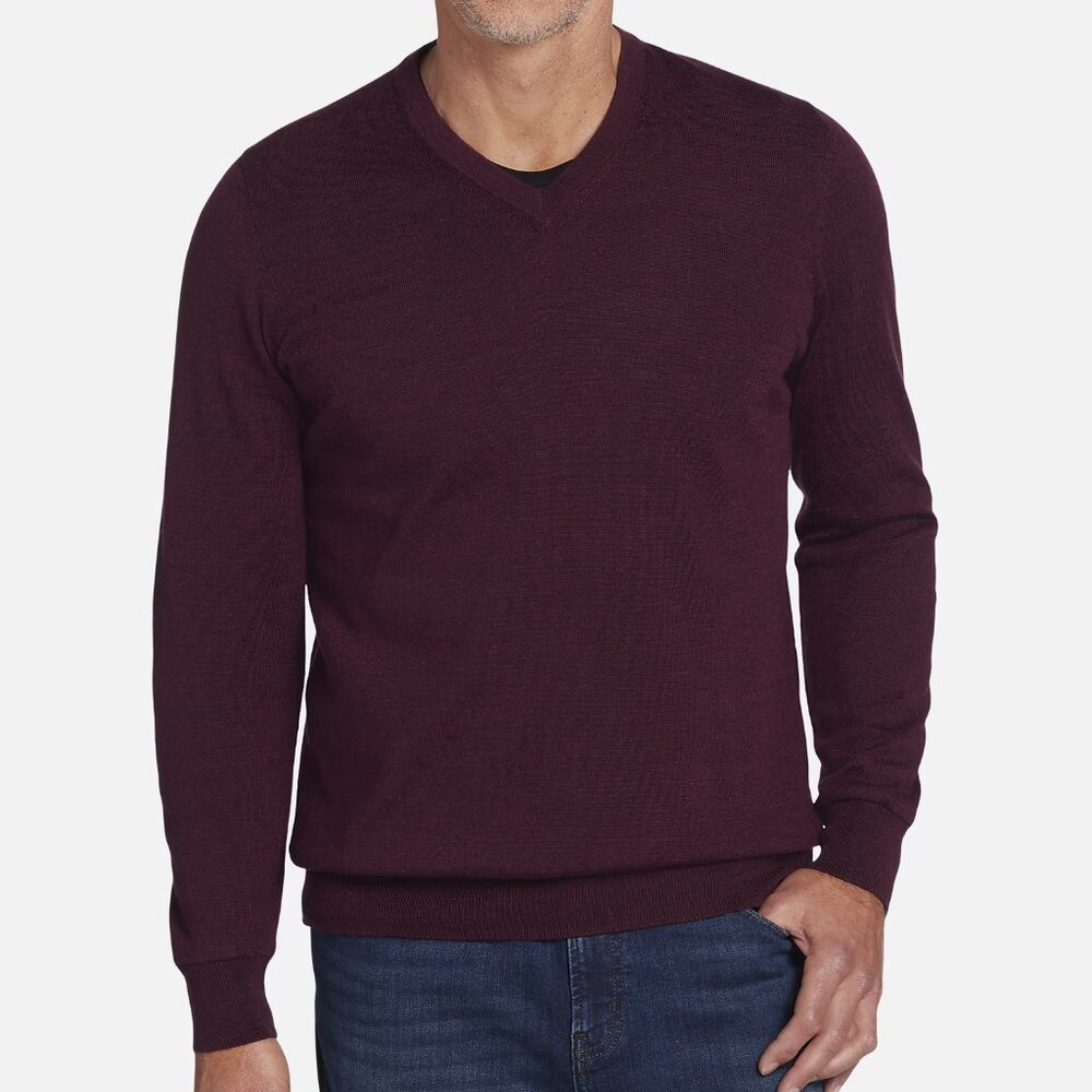 Joseph Abboud Fine Merino Wool Burgundy Classic V-Neck Casual Sweater 2XL EUC